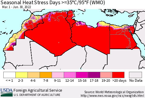 North Africa Seasonal Heat Stress Days >=35°C/95°F (WMO) Thematic Map For 3/1/2022 - 6/30/2022