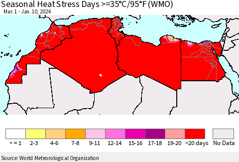 North Africa Seasonal Heat Stress Days >=35°C/95°F (WMO) Thematic Map For 3/1/2023 - 1/10/2024