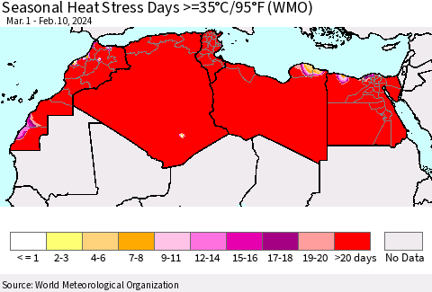 North Africa Seasonal Heat Stress Days >=35°C/95°F (WMO) Thematic Map For 3/1/2023 - 2/10/2024