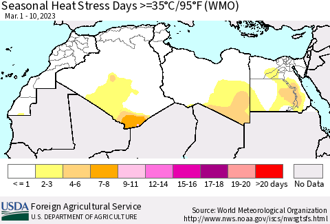 North Africa Seasonal Heat Stress Days >=35°C/95°F (WMO) Thematic Map For 3/1/2023 - 3/10/2023