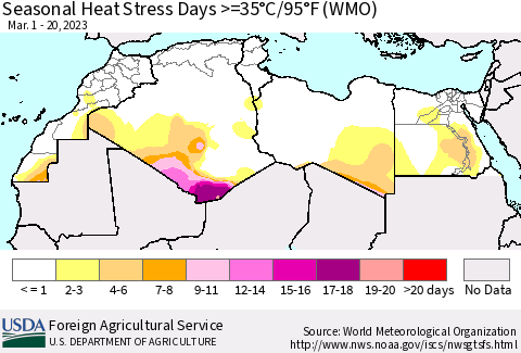 North Africa Seasonal Heat Stress Days >=35°C/95°F (WMO) Thematic Map For 3/1/2023 - 3/20/2023
