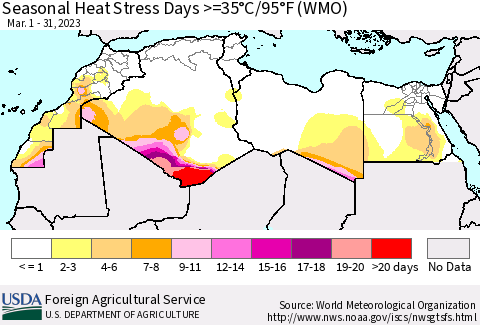 North Africa Seasonal Heat Stress Days >=35°C/95°F (WMO) Thematic Map For 3/1/2023 - 3/31/2023