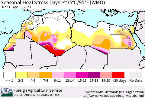 North Africa Seasonal Heat Stress Days >=35°C/95°F (WMO) Thematic Map For 3/1/2023 - 4/10/2023