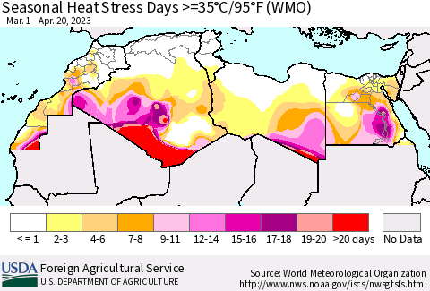 North Africa Seasonal Heat Stress Days >=35°C/95°F (WMO) Thematic Map For 3/1/2023 - 4/20/2023