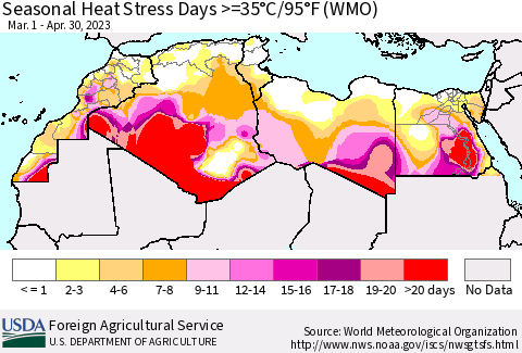 North Africa Seasonal Heat Stress Days >=35°C/95°F (WMO) Thematic Map For 3/1/2023 - 4/30/2023
