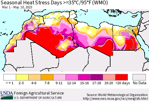 North Africa Seasonal Heat Stress Days >=35°C/95°F (WMO) Thematic Map For 3/1/2023 - 5/10/2023