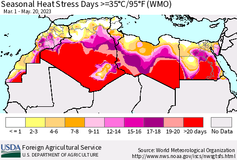 North Africa Seasonal Heat Stress Days >=35°C/95°F (WMO) Thematic Map For 3/1/2023 - 5/20/2023