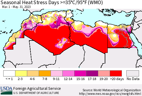 North Africa Seasonal Heat Stress Days >=35°C/95°F (WMO) Thematic Map For 3/1/2023 - 5/31/2023
