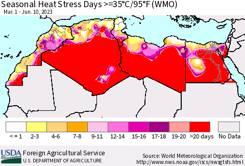 North Africa Seasonal Heat Stress Days >=35°C/95°F (WMO) Thematic Map For 3/1/2023 - 6/10/2023