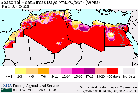 North Africa Seasonal Heat Stress Days >=35°C/95°F (WMO) Thematic Map For 3/1/2023 - 6/20/2023
