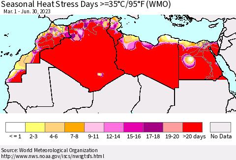 North Africa Seasonal Heat Stress Days >=35°C/95°F (WMO) Thematic Map For 3/1/2023 - 6/30/2023