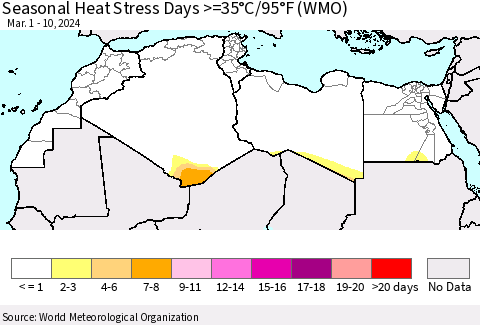North Africa Seasonal Heat Stress Days >=35°C/95°F (WMO) Thematic Map For 3/1/2024 - 3/10/2024