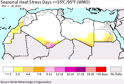 North Africa Seasonal Heat Stress Days >=35°C/95°F (WMO) Thematic Map For 3/1/2024 - 3/20/2024