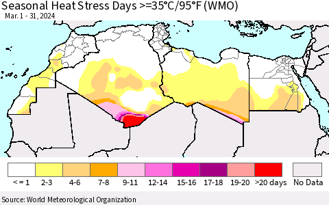 North Africa Seasonal Heat Stress Days >=35°C/95°F (WMO) Thematic Map For 3/1/2024 - 3/31/2024