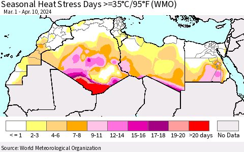North Africa Seasonal Heat Stress Days >=35°C/95°F (WMO) Thematic Map For 3/1/2024 - 4/10/2024