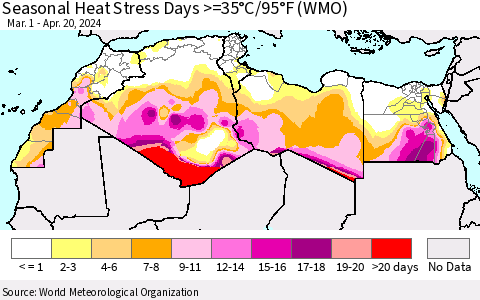 North Africa Seasonal Heat Stress Days >=35°C/95°F (WMO) Thematic Map For 3/1/2024 - 4/20/2024