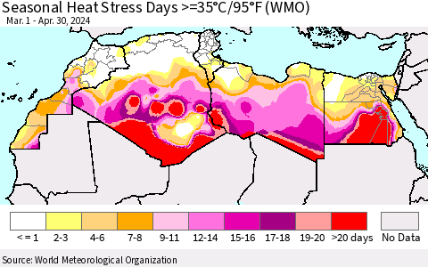 North Africa Seasonal Heat Stress Days >=35°C/95°F (WMO) Thematic Map For 3/1/2024 - 4/30/2024