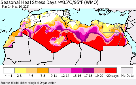 North Africa Seasonal Heat Stress Days >=35°C/95°F (WMO) Thematic Map For 3/1/2024 - 5/10/2024