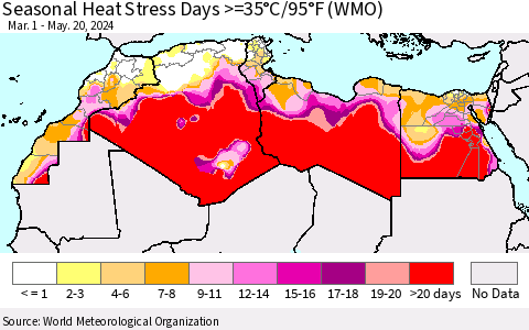 North Africa Seasonal Heat Stress Days >=35°C/95°F (WMO) Thematic Map For 3/1/2024 - 5/20/2024