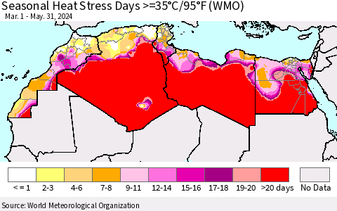 North Africa Seasonal Heat Stress Days >=35°C/95°F (WMO) Thematic Map For 3/1/2024 - 5/31/2024