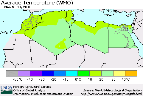 North Africa Average Temperature (WMO) Thematic Map For 3/5/2018 - 3/11/2018