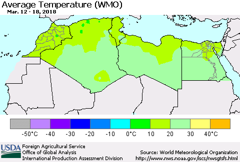 North Africa Average Temperature (WMO) Thematic Map For 3/12/2018 - 3/18/2018
