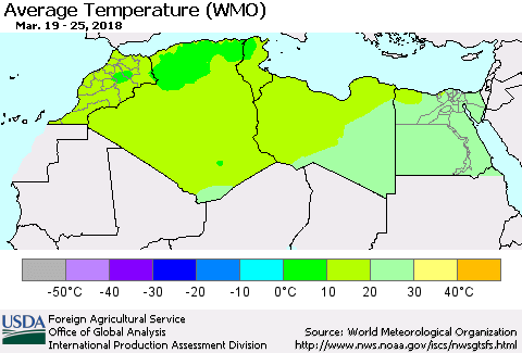 North Africa Average Temperature (WMO) Thematic Map For 3/19/2018 - 3/25/2018