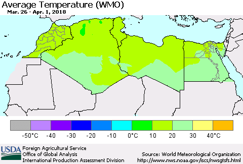 North Africa Average Temperature (WMO) Thematic Map For 3/26/2018 - 4/1/2018