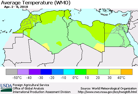 North Africa Average Temperature (WMO) Thematic Map For 4/2/2018 - 4/8/2018