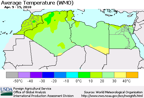 North Africa Average Temperature (WMO) Thematic Map For 4/9/2018 - 4/15/2018