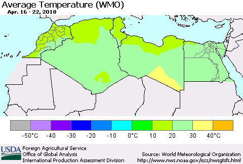 North Africa Average Temperature (WMO) Thematic Map For 4/16/2018 - 4/22/2018