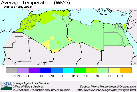 North Africa Average Temperature (WMO) Thematic Map For 4/23/2018 - 4/29/2018
