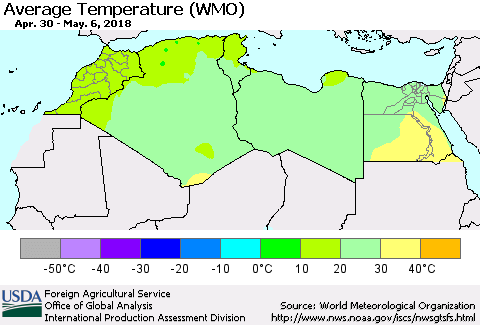 North Africa Average Temperature (WMO) Thematic Map For 4/30/2018 - 5/6/2018