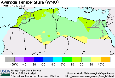 North Africa Average Temperature (WMO) Thematic Map For 5/7/2018 - 5/13/2018