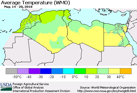 North Africa Average Temperature (WMO) Thematic Map For 5/14/2018 - 5/20/2018