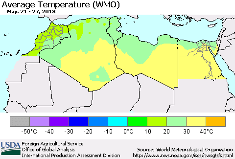 North Africa Average Temperature (WMO) Thematic Map For 5/21/2018 - 5/27/2018