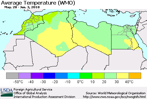 North Africa Average Temperature (WMO) Thematic Map For 5/28/2018 - 6/3/2018
