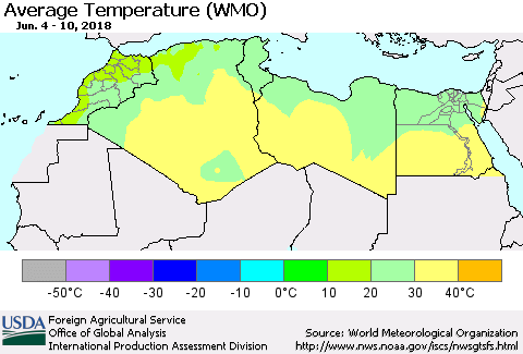 North Africa Average Temperature (WMO) Thematic Map For 6/4/2018 - 6/10/2018