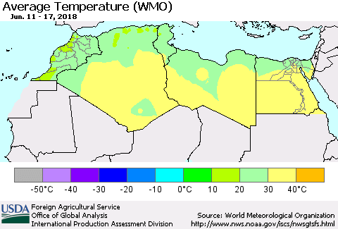 North Africa Average Temperature (WMO) Thematic Map For 6/11/2018 - 6/17/2018