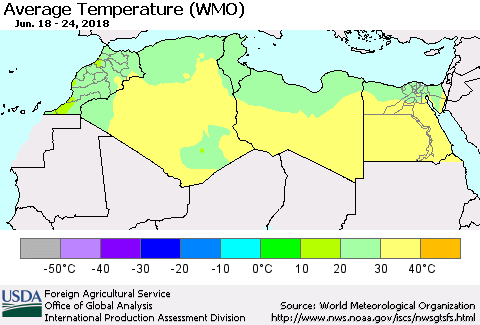 North Africa Average Temperature (WMO) Thematic Map For 6/18/2018 - 6/24/2018