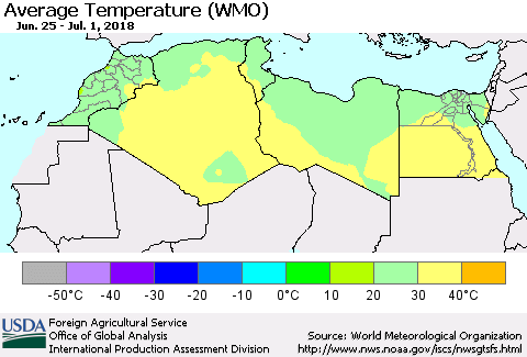 North Africa Average Temperature (WMO) Thematic Map For 6/25/2018 - 7/1/2018