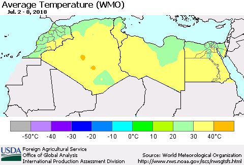 North Africa Average Temperature (WMO) Thematic Map For 7/2/2018 - 7/8/2018