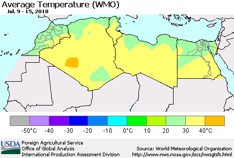 North Africa Average Temperature (WMO) Thematic Map For 7/9/2018 - 7/15/2018