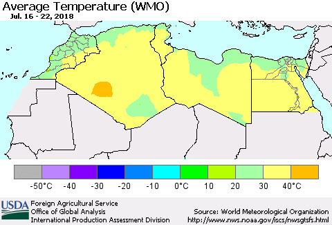North Africa Average Temperature (WMO) Thematic Map For 7/16/2018 - 7/22/2018