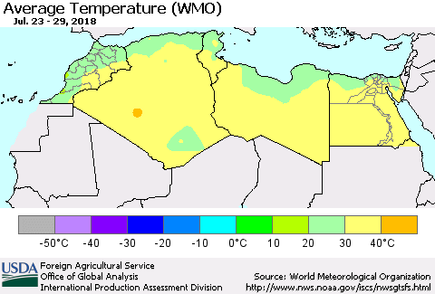 North Africa Average Temperature (WMO) Thematic Map For 7/23/2018 - 7/29/2018