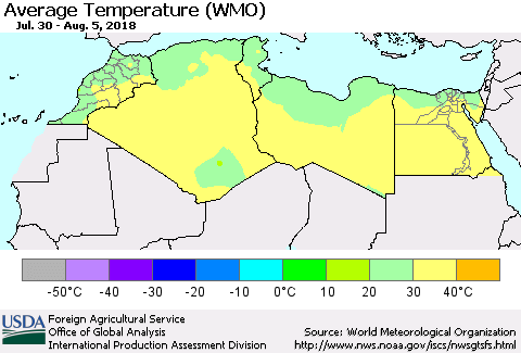 North Africa Average Temperature (WMO) Thematic Map For 7/30/2018 - 8/5/2018