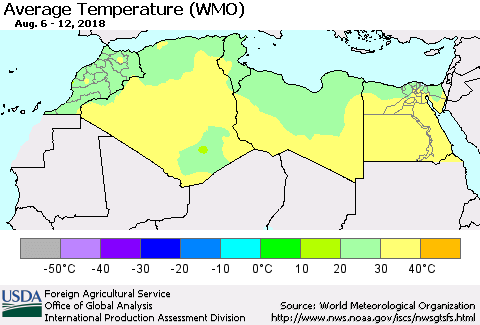 North Africa Average Temperature (WMO) Thematic Map For 8/6/2018 - 8/12/2018