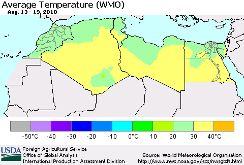 North Africa Average Temperature (WMO) Thematic Map For 8/13/2018 - 8/19/2018