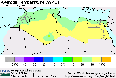 North Africa Average Temperature (WMO) Thematic Map For 8/20/2018 - 8/26/2018