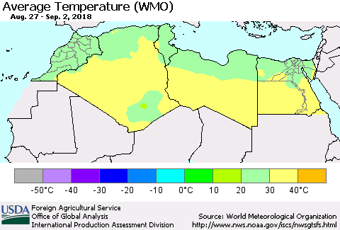 North Africa Average Temperature (WMO) Thematic Map For 8/27/2018 - 9/2/2018